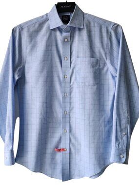 15 34 Blue Dress Shirt Traveler Jos A Bank Tailored Fit Check Non Iron Cotton Sz